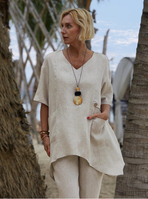Women stylish oversized linen tunic top Ivyshape