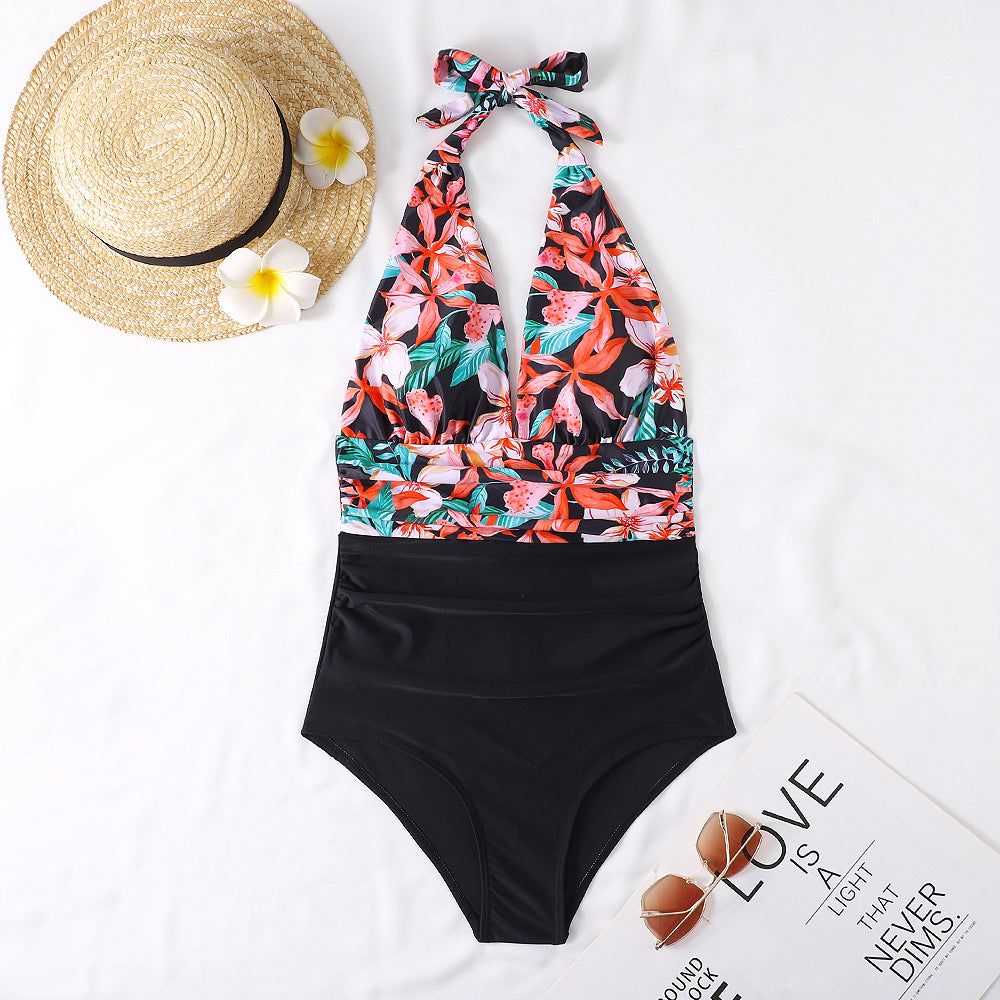 Women's One-Piece Swimsuit with Fresh Floral Pattern and High Cut Ivyshape