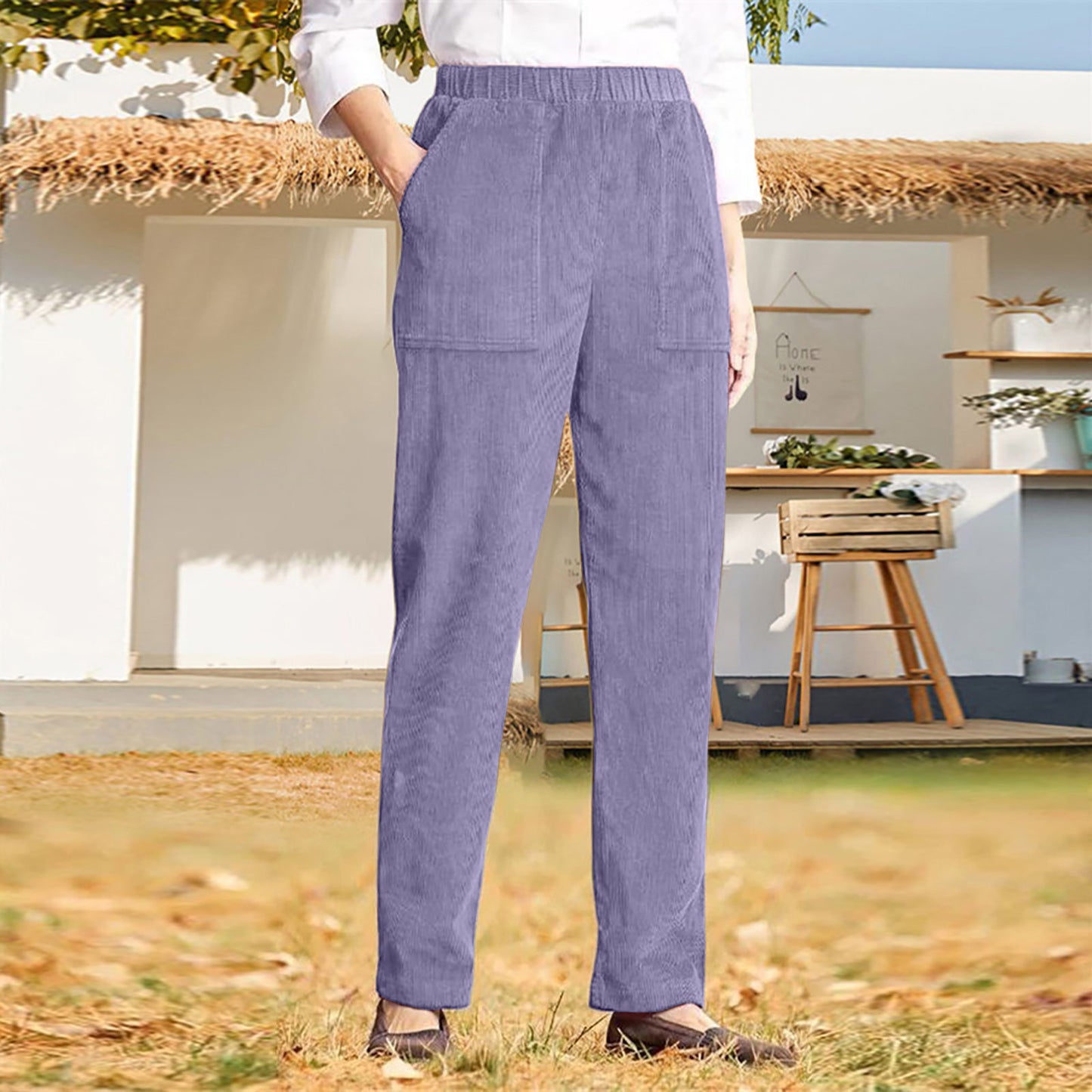 Women's corduroy pants with elastic waistband and practical pockets Ivyshape