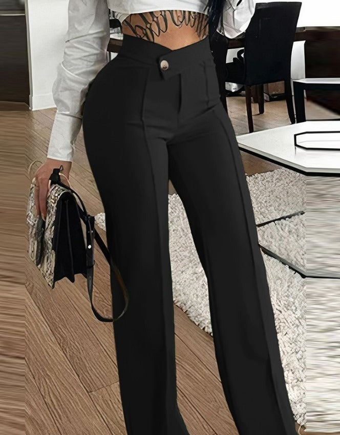 Women Elegant Wide Trousers with High-Waist Cut and Decorative Button Ivyshape
