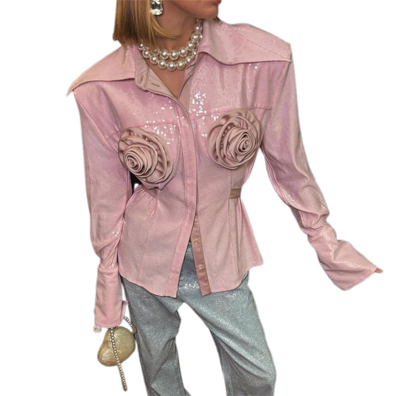 Women Glamorous Blouse with 3D Rose Applications and Glitter Ivyshape
