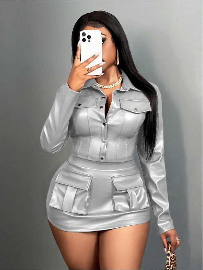 Women Faux Leather Mini Dress with Practical Flap Pockets Ivyshape