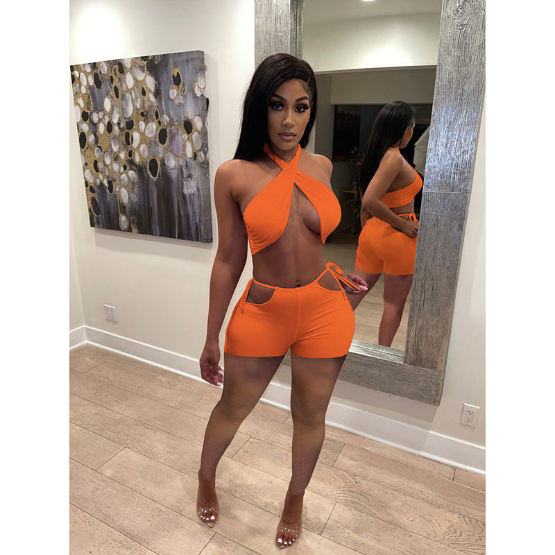 Women's elegant crop top and shorts set with refined halter design and cut-out details Ivyshape