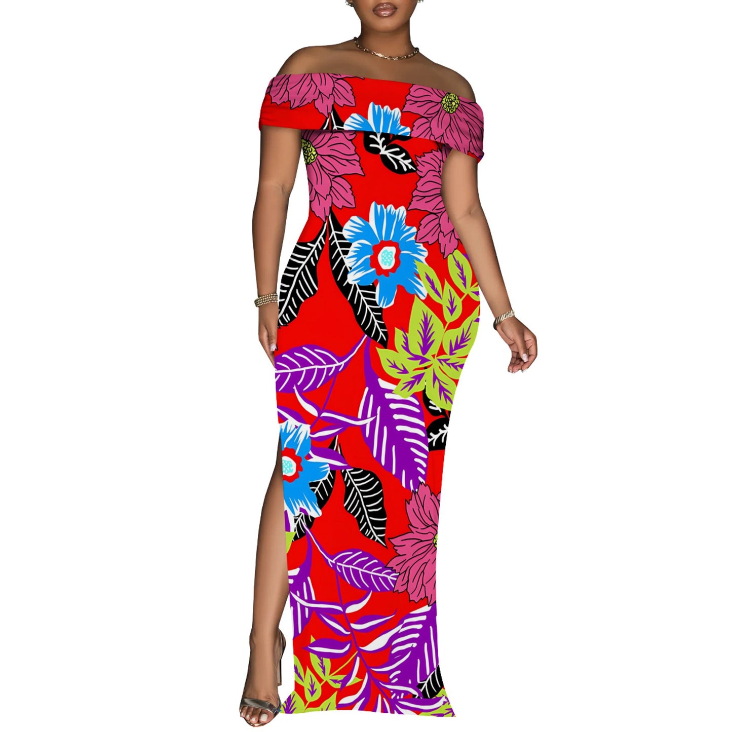 Women Off-Shoulder Maxi Dress with Floral Design and High Slit Ivyshape
