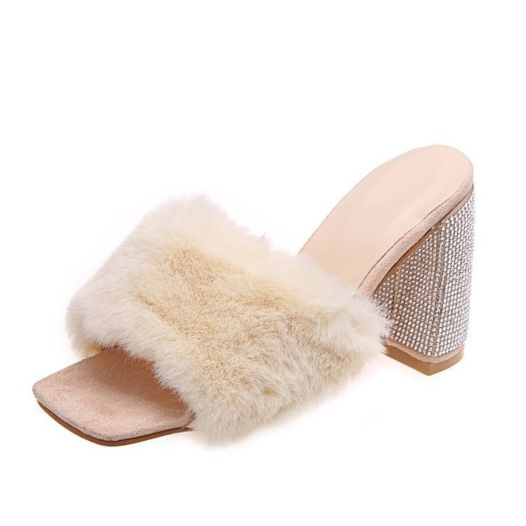 Ladies Glamorous Mules with cozy faux fur and glittering heel Ivyshape