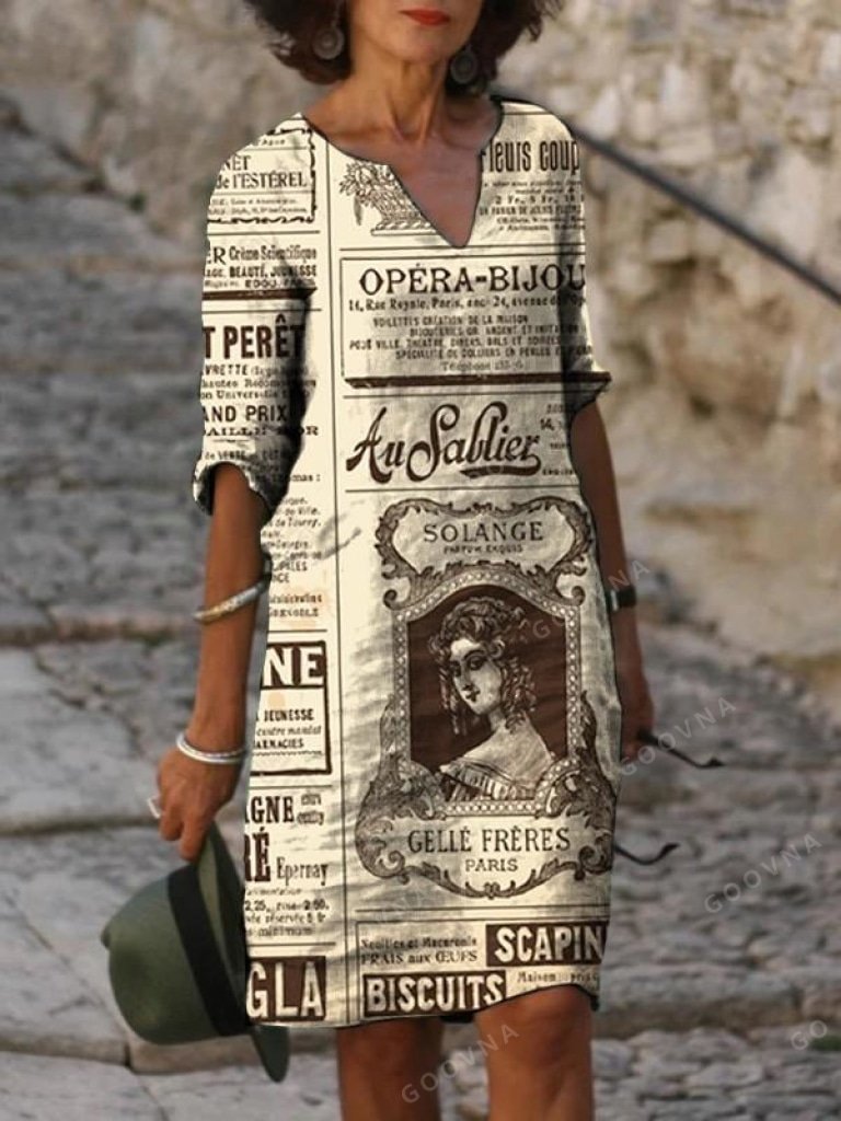 Women’s loose short-sleeve dress with newspaper print Ivyshape