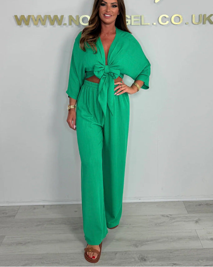Ladies Elegant Jumpsuit with Playful Knot and Wide Cut Legs Ivyshape