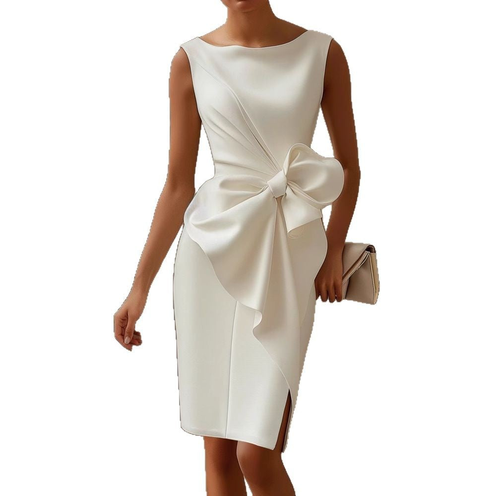 Women Elegant Slim Midi Dress with Bow Detail Ivyshape