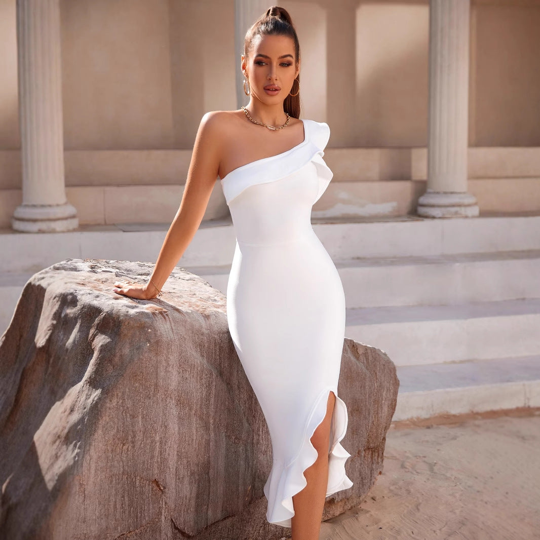 Ladies sexy Midi dress with asymmetric ruffle sleeve and elegant slit Ivyshape