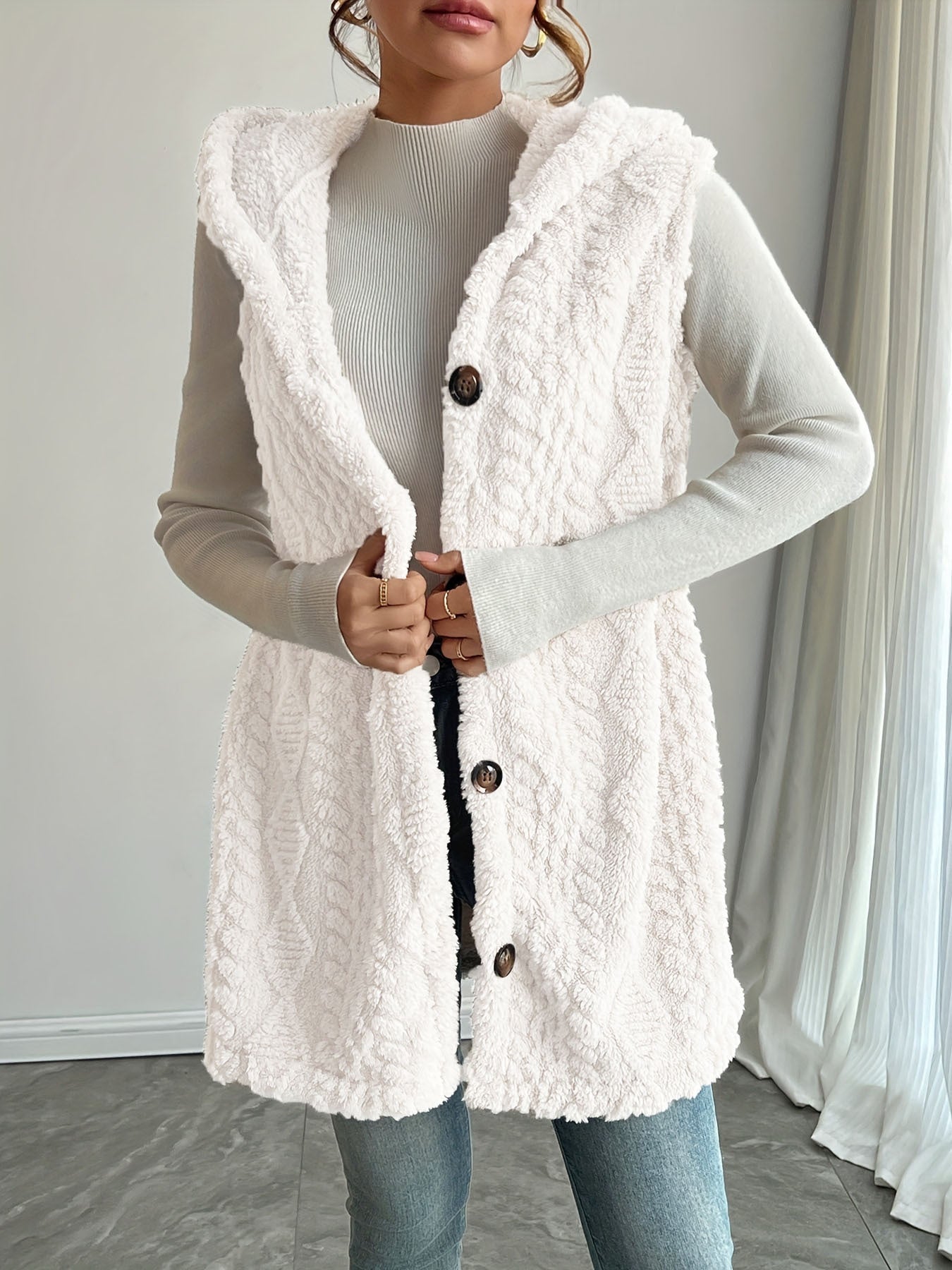 Women's Cozy Fleece Vest with Hood and Button Closure Ivyshape