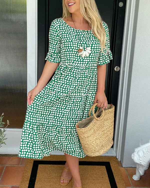Women's Summer Midi Dress with Charming Dot Pattern and Elastic Waist Ivyshape