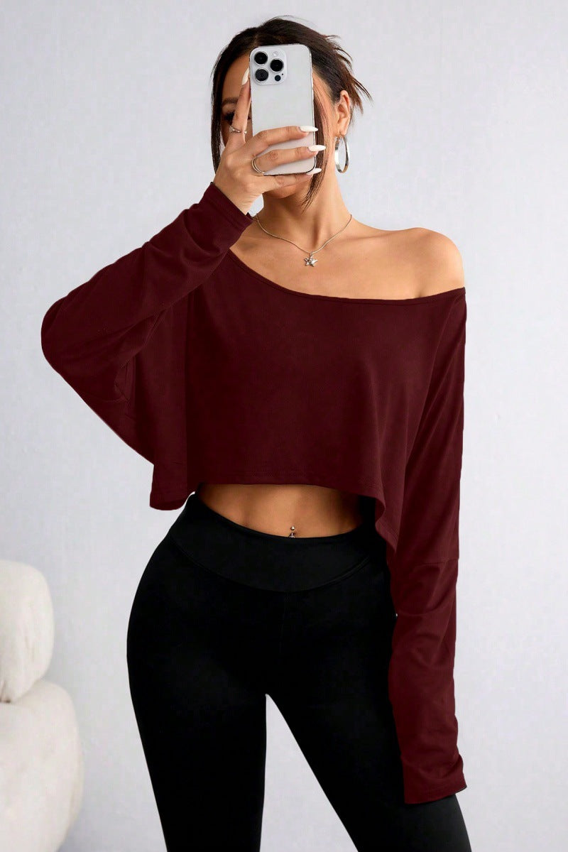 Women's casual oversized long-sleeve shirt with asymmetrical hem and boat neckline Ivyshape