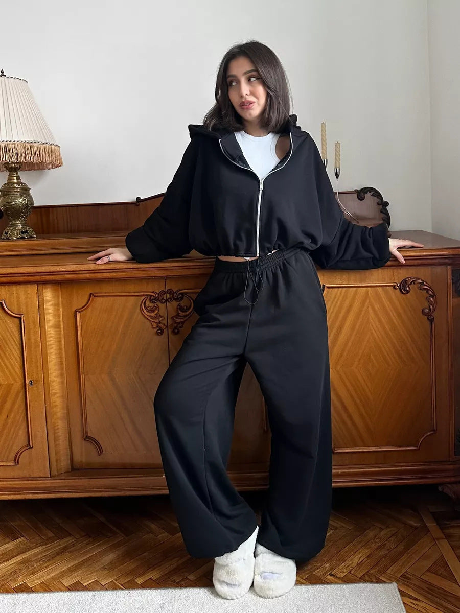 Women's Casual Fleece Set with Short Hoodie and Wide Pants Ivyshape