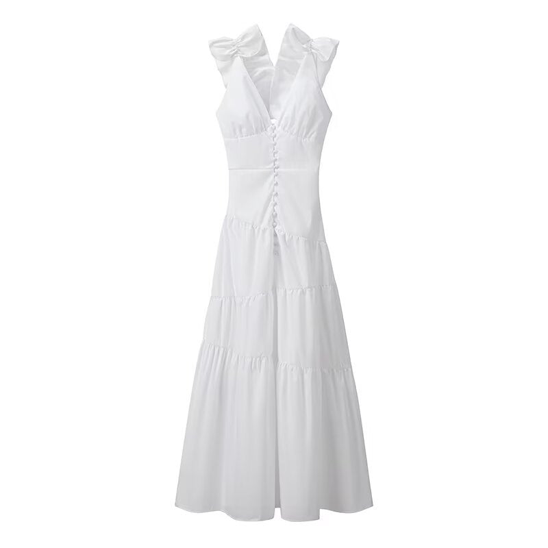 Women's maxi dress with a flowing ruffle design and elegant V-neck Ivyshape
