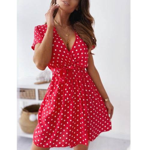 Women Polka Dot A-Line Mini Dress with Tie Belt Ivyshape