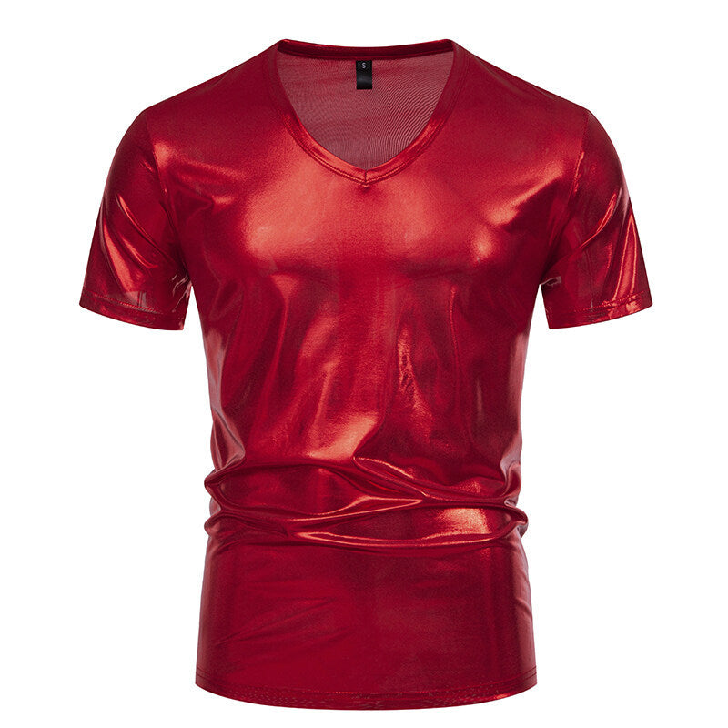 Men's V-neck T-shirt made of shiny material with personal style Ivyshape