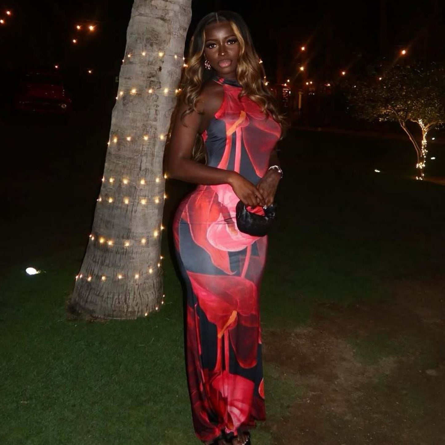 Women Figure-hugging Maxi Dress with Floral High-neck Design Ivyshape