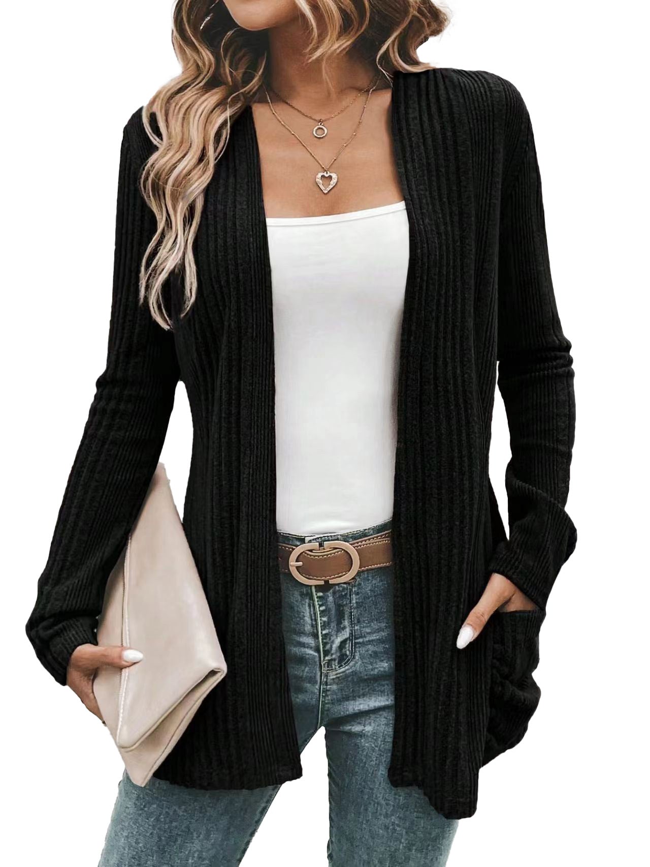 Women's fashionable cardigan with open front and practical pockets Ivyshape