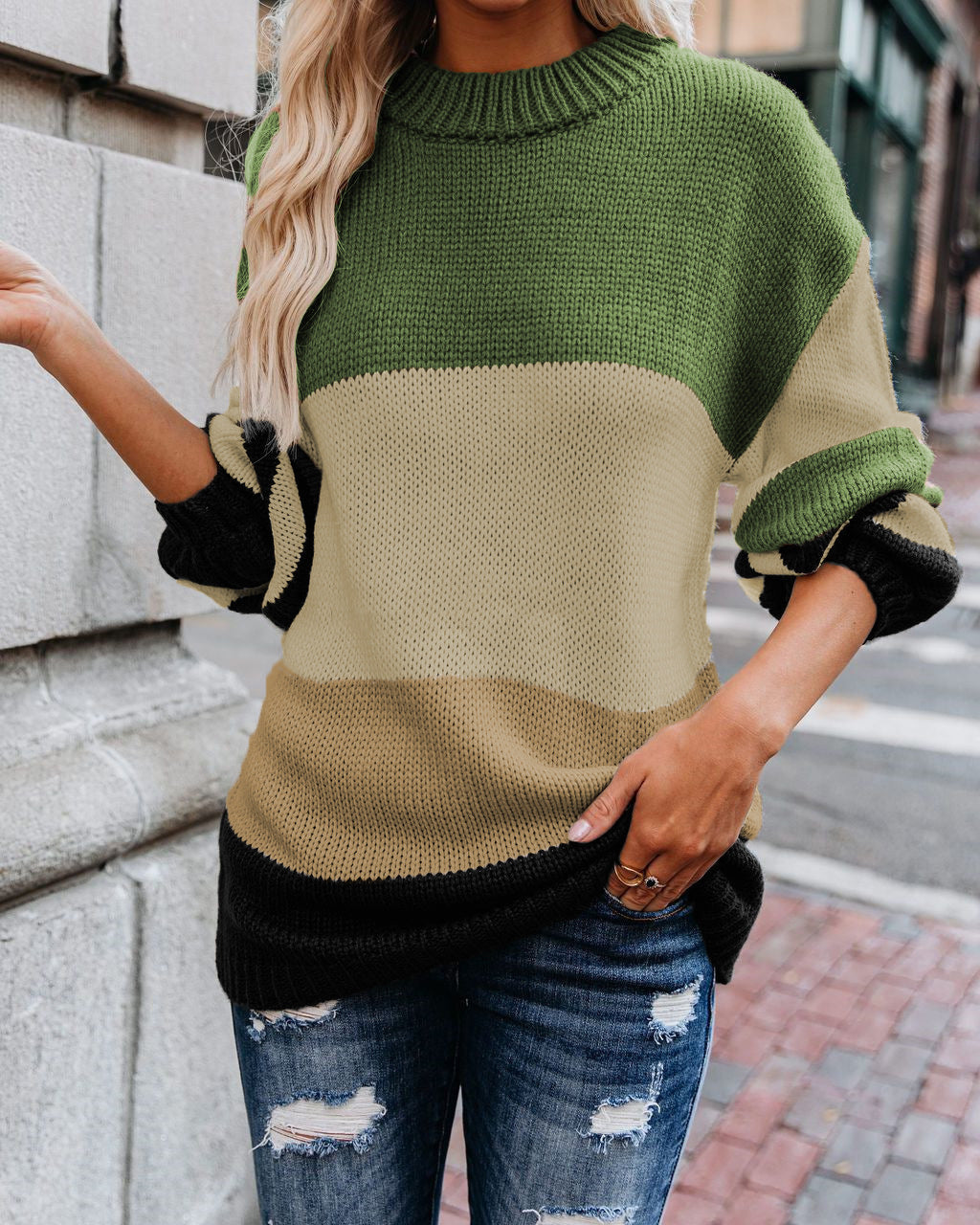 Ladies modern knit sweater with fashionable color block design and high collar Ivyshape