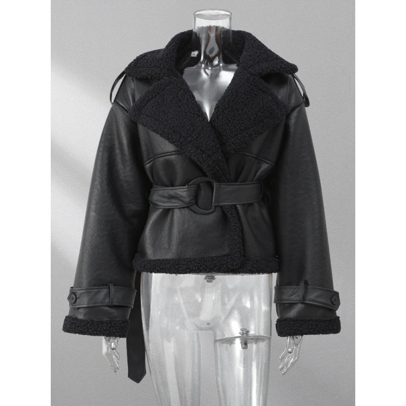 Women Faux Leather Jacket with Teddy-like Lining and Elegant Belt Binding Ivyshape