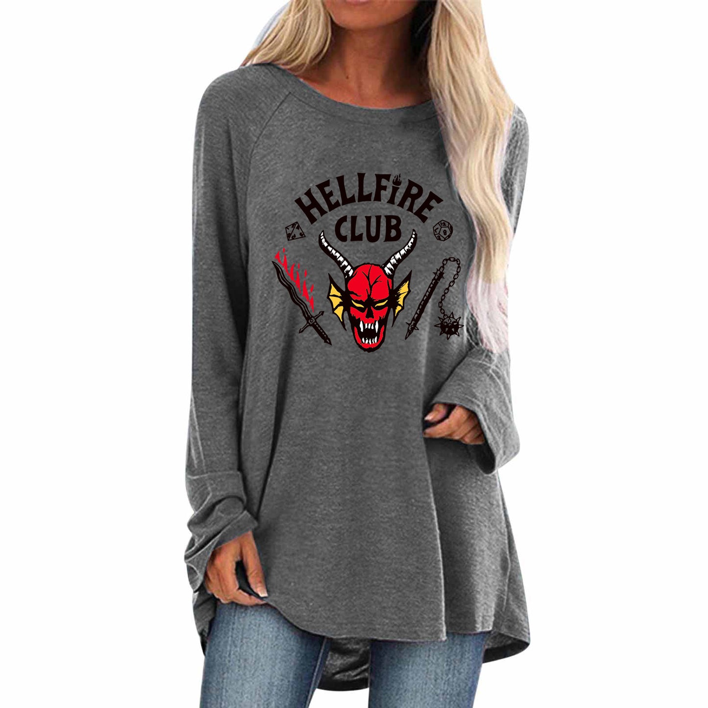 Women's Oversized Long Sleeve Shirt with Creative Hellfire Club Design Ivyshape