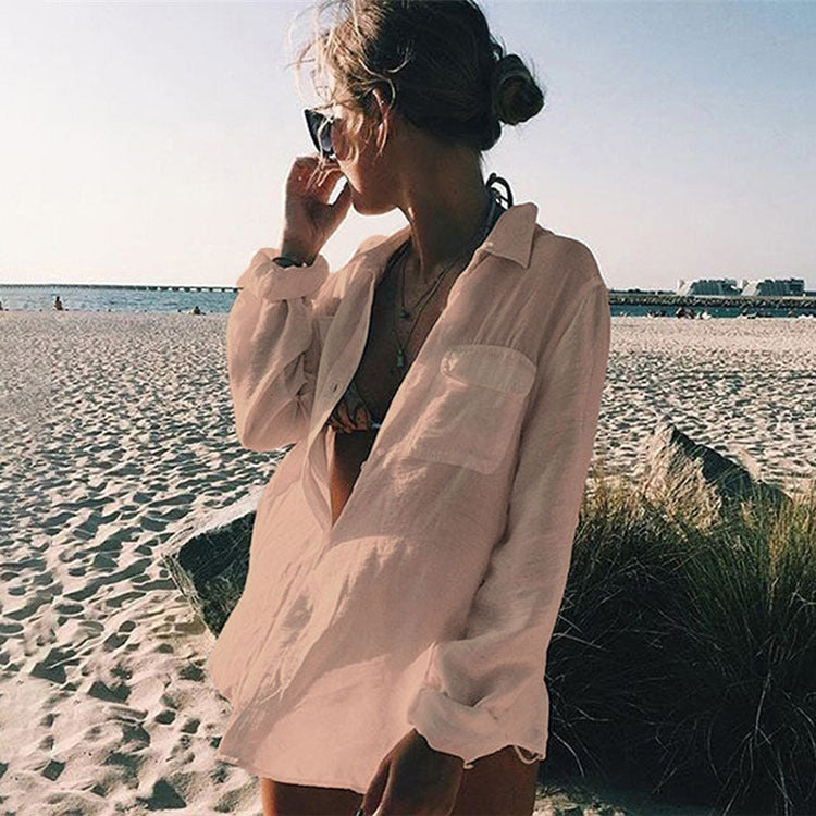 Women's beach blouse made of lightweight cotton blend with fine button details Ivyshape