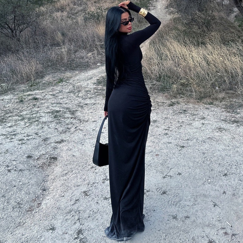 Ladies Elegant Long Sleeve Dress with Figure-Enhancing Ruffle Design and High Slit Ivyshape