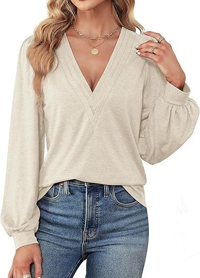 Women Elegant V-Neck Top with Puff Sleeves Ivyshape