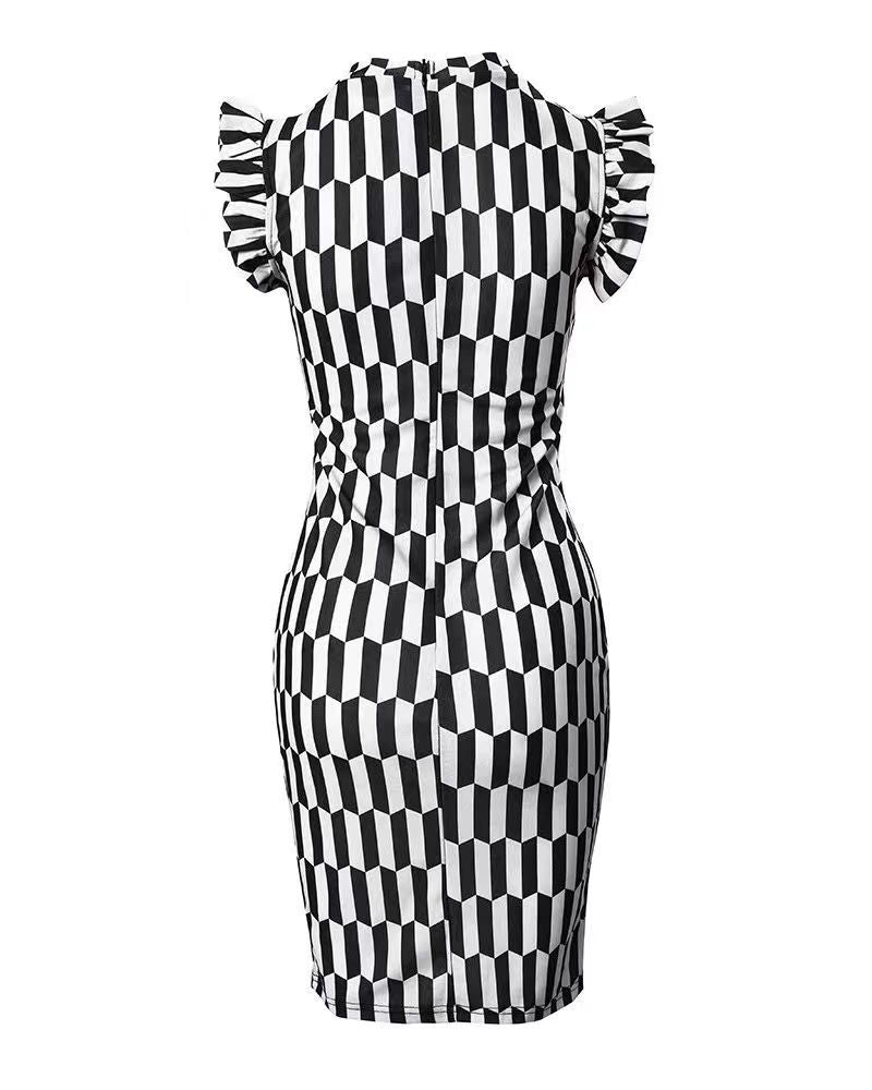 Women Figure-hugging dress with ruffle details and geometric pattern Ivyshape