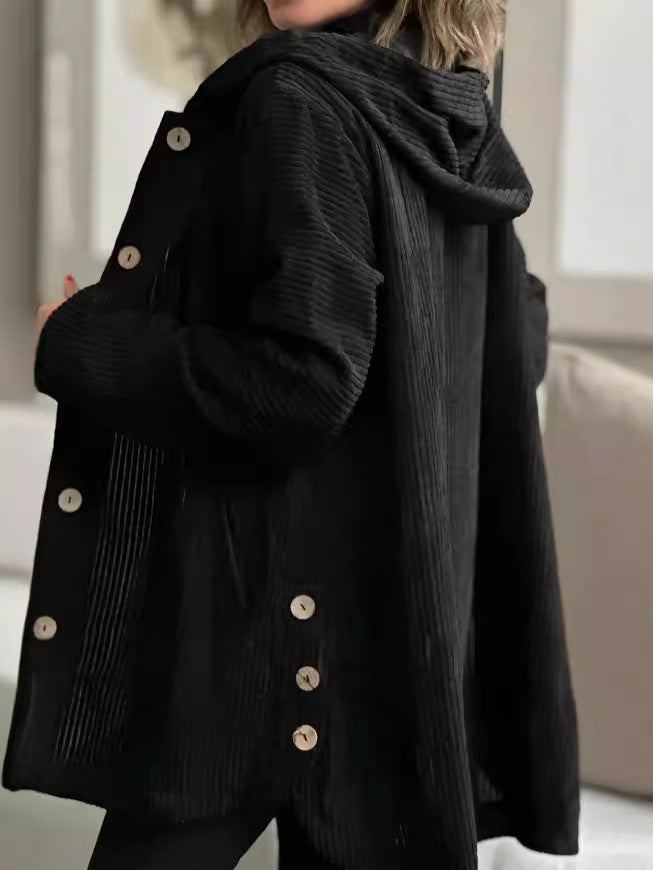 Women's hooded jacket made of ribbed fabric with wooden buttons and casual cut Ivyshape