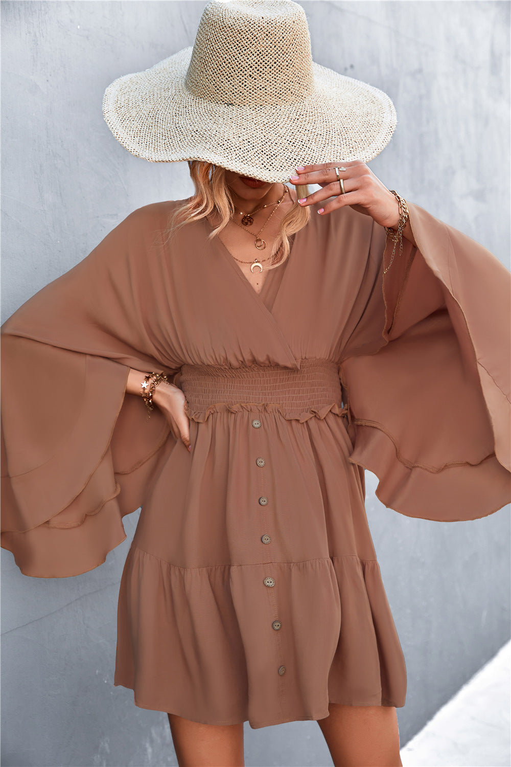 Women’s casual wrap dress with voluminous sleeves and button details Ivyshape