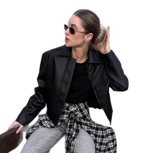 Women Faux Leather Jacket with Simple Cut and Decorative Collar Ivyshape