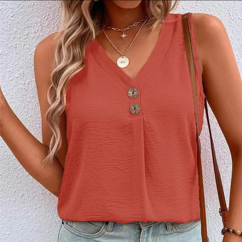 Women Relaxed Fit V-Neck Button Closure Tank Top Ivyshape