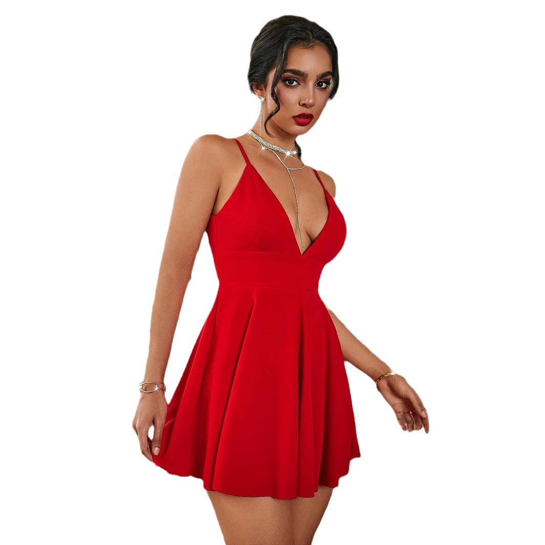 Ladies skater dress with elegant V-neck and spaghetti straps Ivyshape