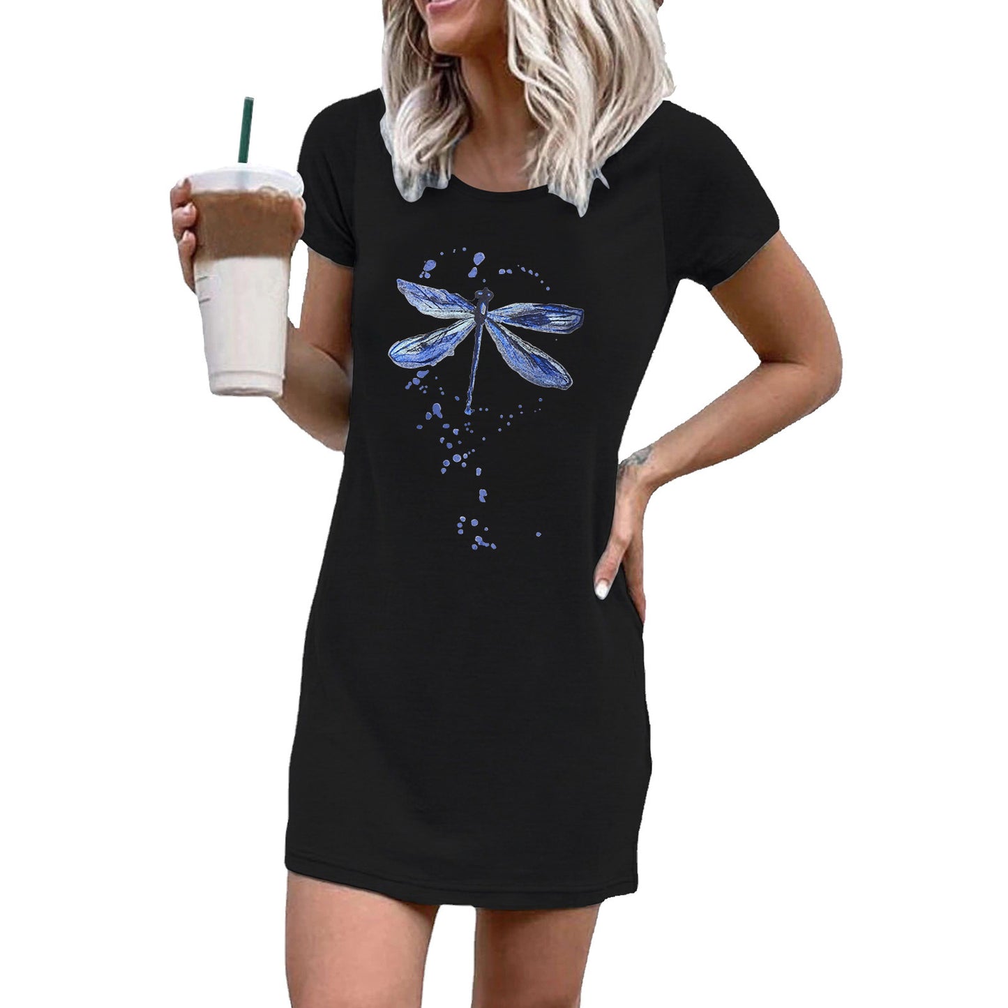 Women Short Sleeve Dress with Creative Dragonfly Motif and Loose Fit Ivyshape