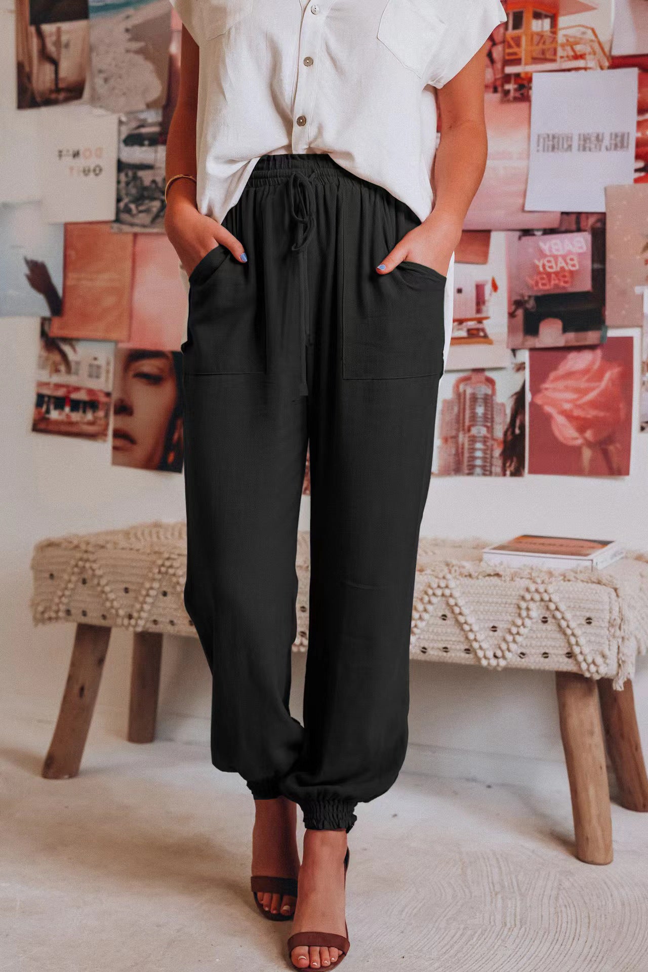 Women's Comfortable and Casual Pants with Elastic Waistband and Versatile Pockets Ivyshape