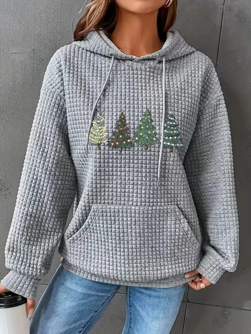 Women's waffle pullover with oversized hood and festive tree design Ivyshape