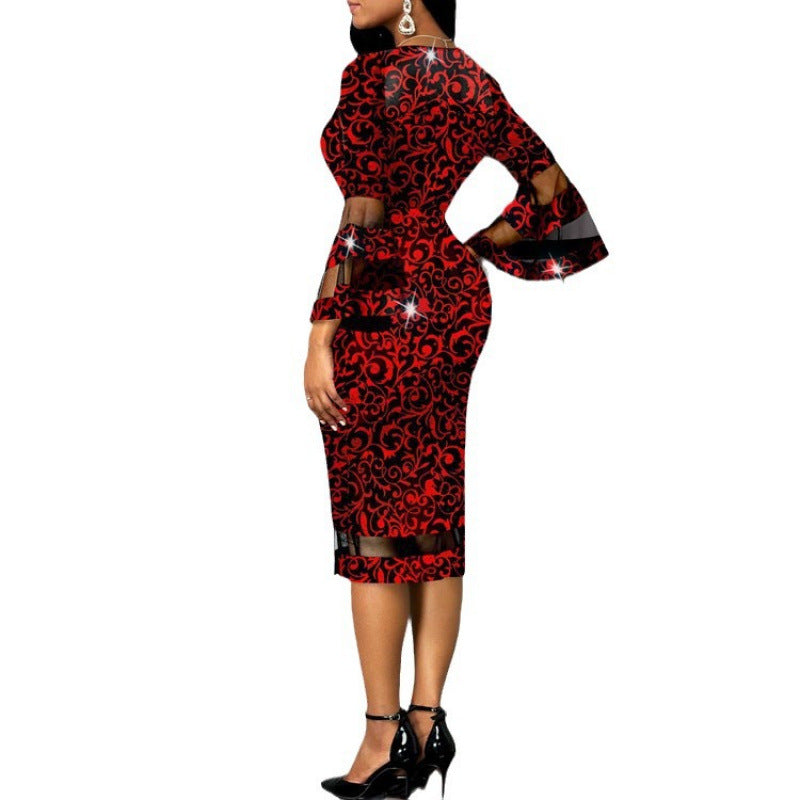 Women Elegant Sheath Dress with Sheer Trumpet Sleeves and Floral Pattern Ivyshape