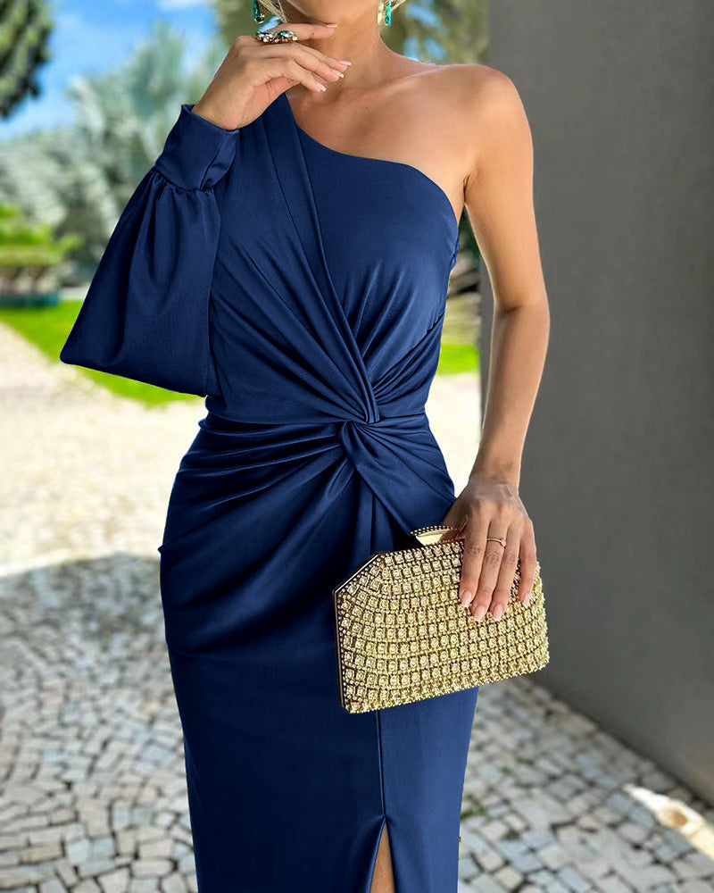 Women Elegant Wrap Dress with Asymmetrical Neckline and Side Slit Ivyshape