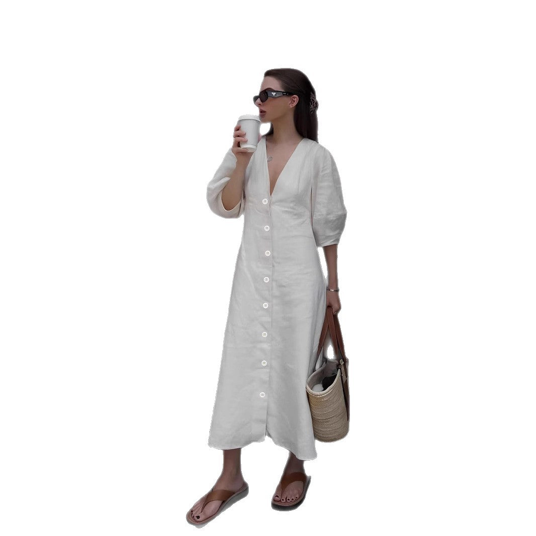 Women Loose Linen Button Dress Ivyshape