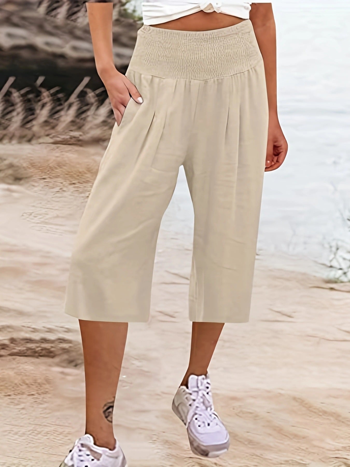 Ladies Elegant Culottes with Stretchable Waistband and Pockets Ivyshape