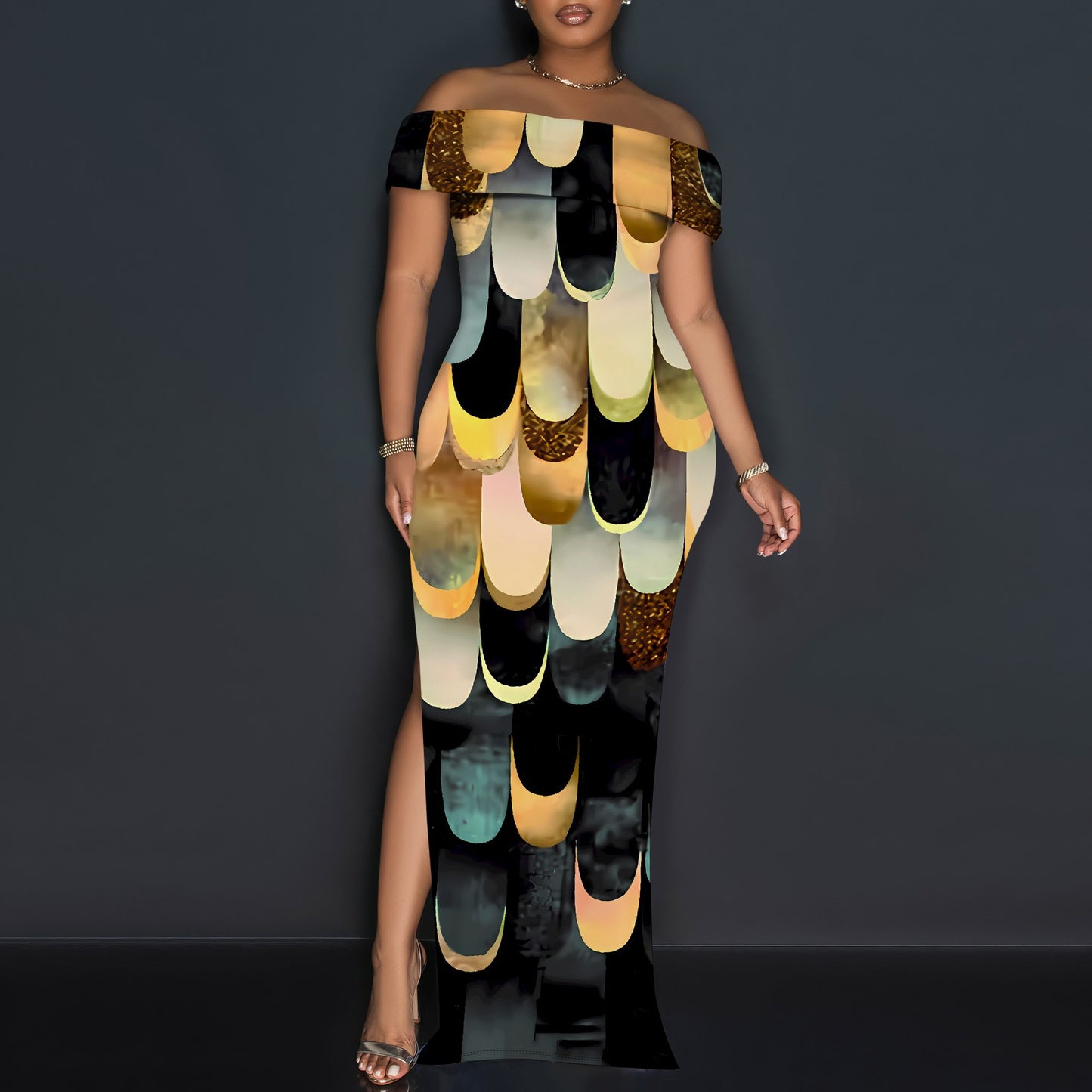 Women's Off-Shoulder Maxi Dress with Glamorous Glitter Design Ivyshape