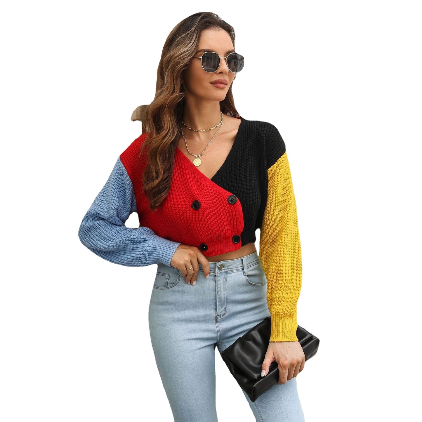 Ladies cropped cardigan with fashionable color block design Ivyshape