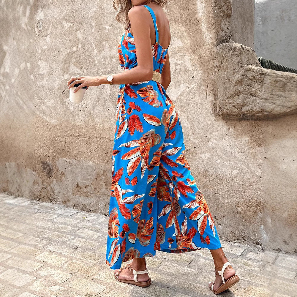 Women's maxi jumpsuit with floral accents and elastic waistband Ivyshape