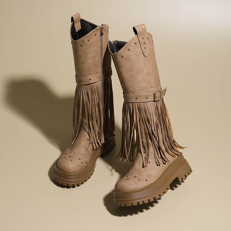 Women's Over-the-Knee Boots with Stylish Fringe Design and Sturdy Profile Ivyshape