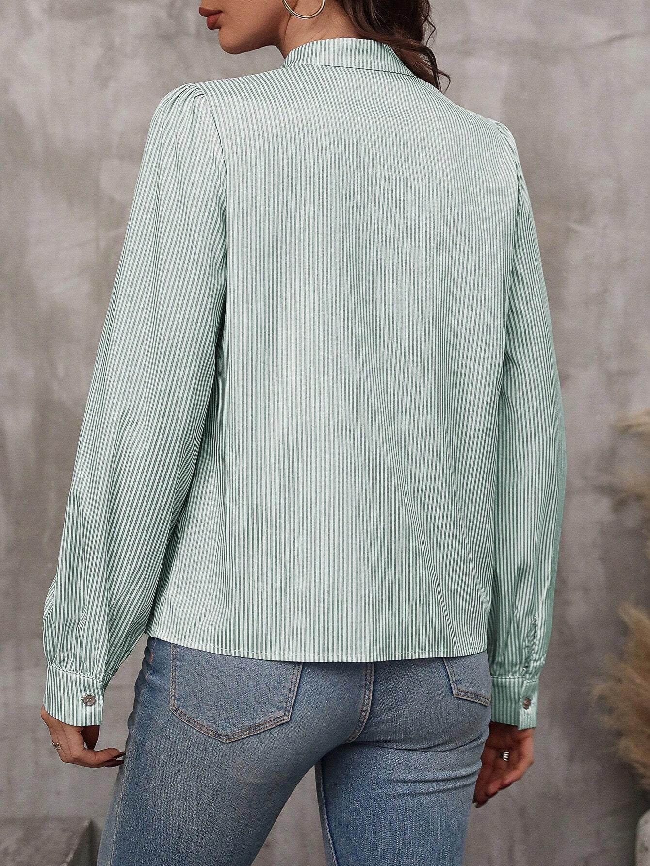 Women elegant striped blouse with puff sleeves and fine button details Ivyshape