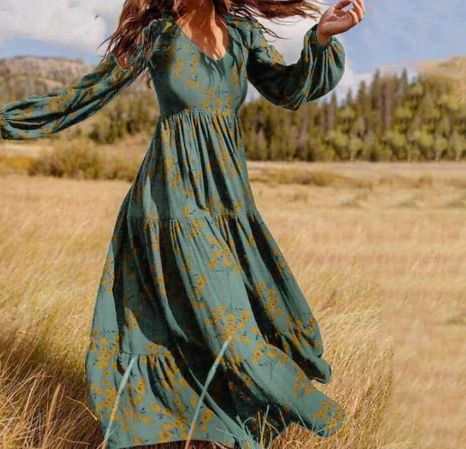 Women’s Boho Long Sleeve Dress with Floral Accents and Flared Hem Ivyshape