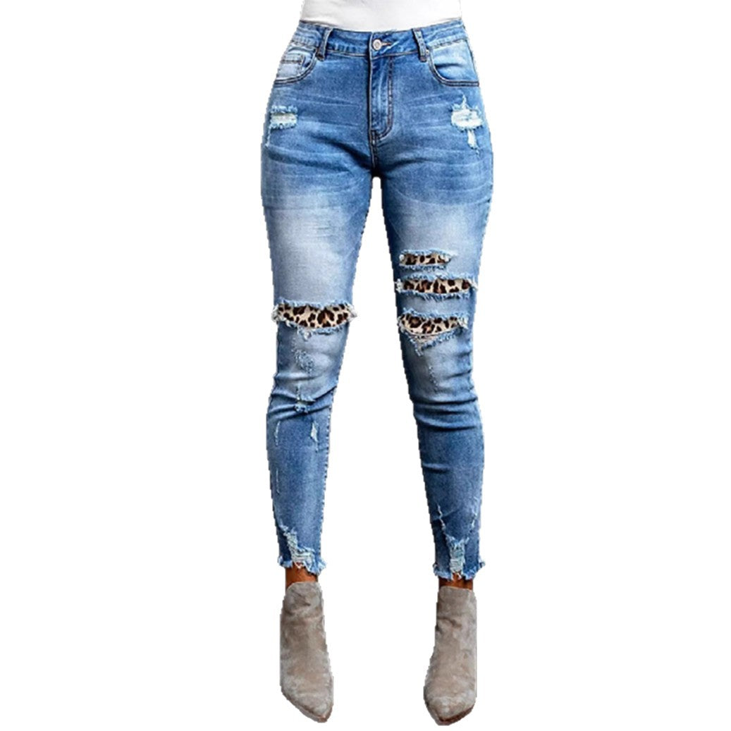 Women's Ripped Skinny Jeans with Leopard Detail Ivyshape
