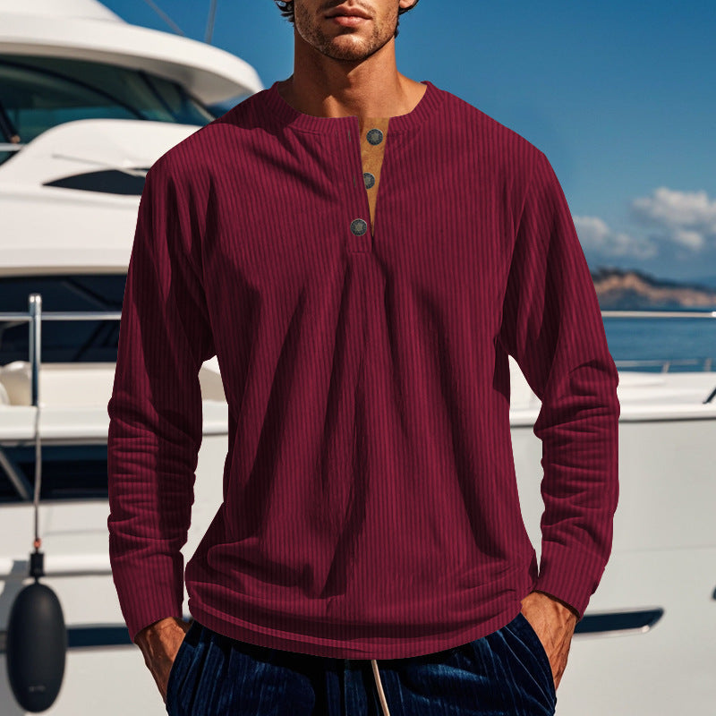 Men's Long Sleeve Henley Shirt with Textured Design and Button Details Ivyshape