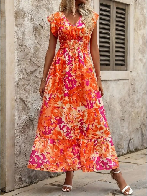 Ladies Summer Floral Maxi Dress with Ruffle Sleeves and Elastic Waistband Ivyshape
